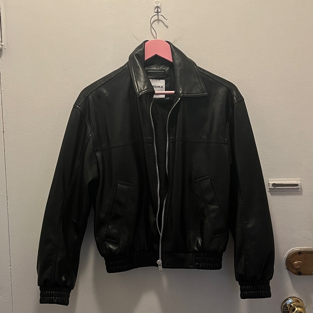 Black faux leather moto jacket